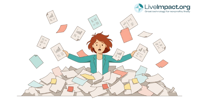 Nonprofit staff buried in sprawling document pile as data-covered papers fall chaotically from sky