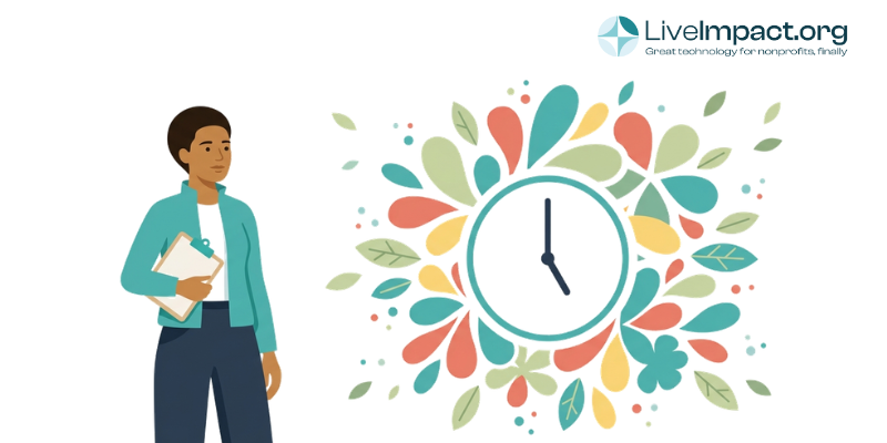Nonprofit volunteer hour tracking illustrated as a clock dissolving into organic shapes in teal and coral