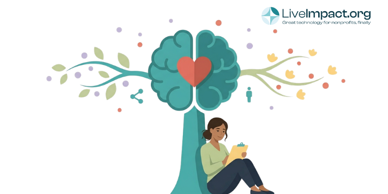 Behavioral health case management software concept: counselor with clipboard seated at the base of a brain tree icon