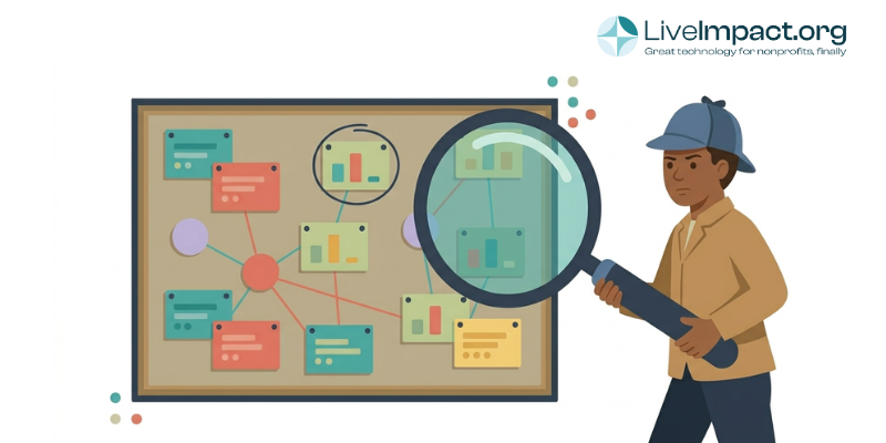Nonprofit program evaluation specialist studies outcome metrics mapped across a colorful corkboard