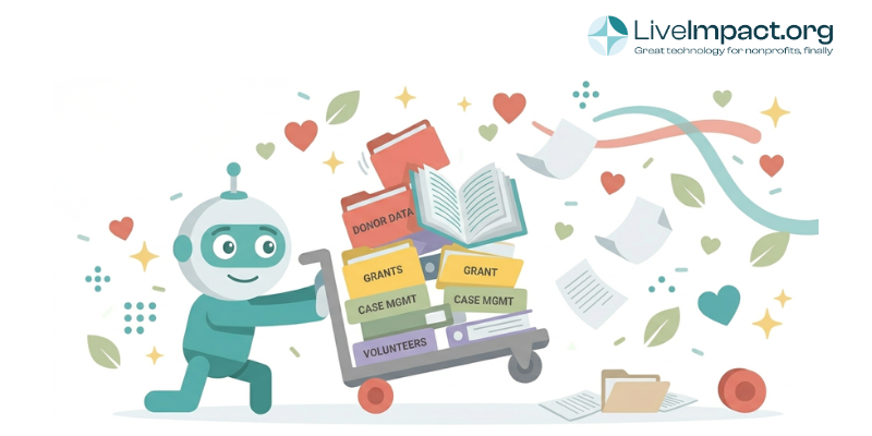 Nonprofit AI efficiency gap shown as a determined robot pushing a chaotic broken cart overloaded with disconnected system folders