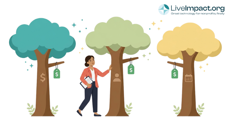 Case management software pricing illustrated as carved tree icons and hanging price tags in a flat design grove