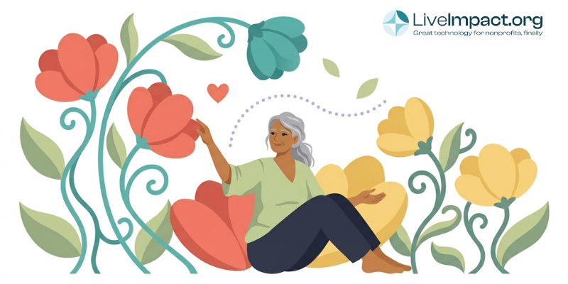 Woman surrounded by oversized blooming flowers, representing healing and support services