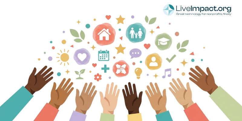 Community services represented by eight reaching hands beneath a colorful burst of care and connection icons