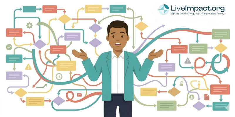 Man reacting with comedic surprise to tangled ETO software workflow diagram behind him