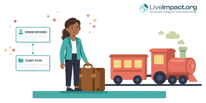 Nonprofit staff member standing on platform with vintage suitcase as cute train awaits, illustrating software migration process