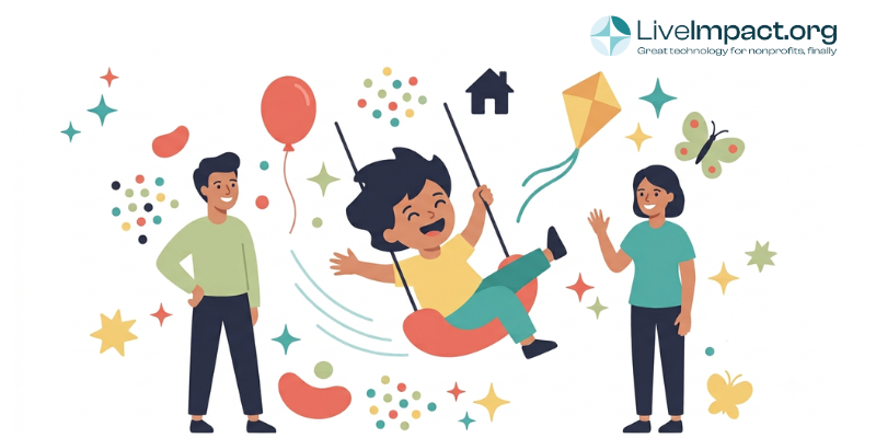 Child swings joyfully while two caring adults watch nearby, illustrating youth services support