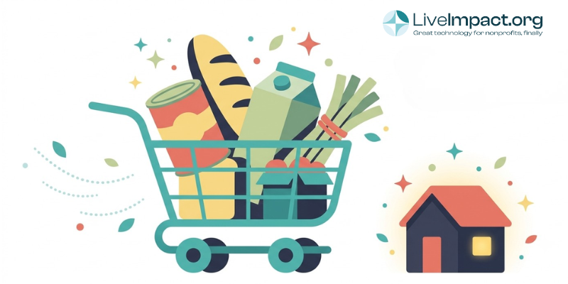 Food pantry software concept art: abundant grocery cart rolling toward home