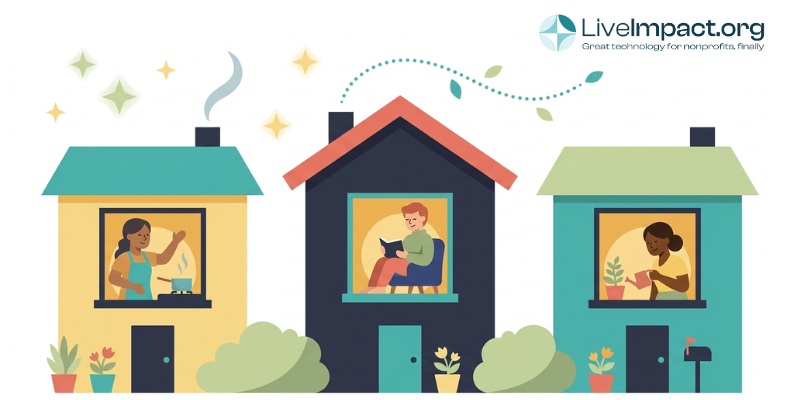 Three warmly lit homes with window views into daily life, representing housing case management software