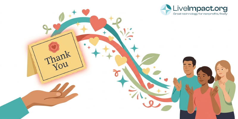 Thank-you letter transforms into hearts and sparkles flying toward a grateful donor