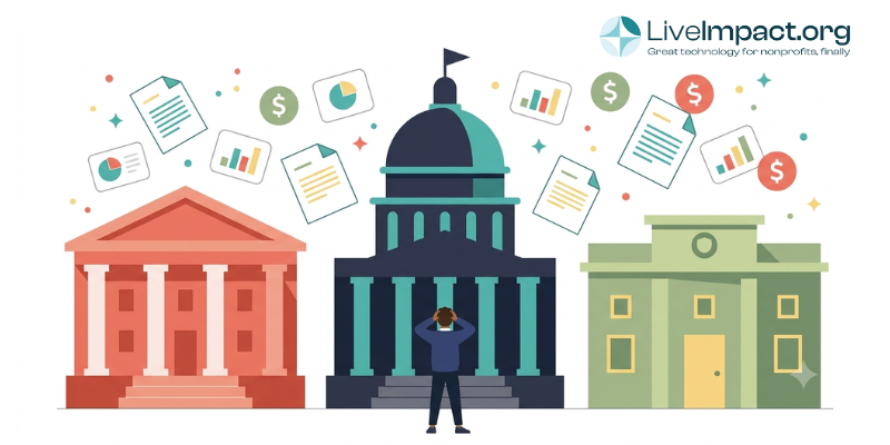 Illustration of grant manager buried under multiple government funding sources