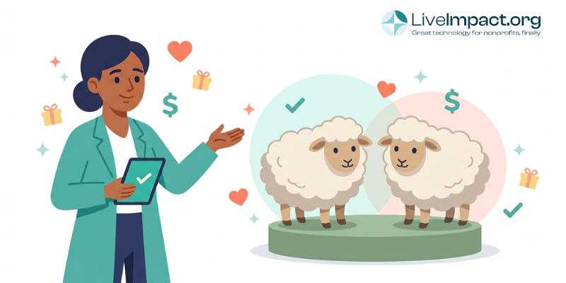 Illustration of scientist presenting two identical sheep, representing matching gift software doubling donations