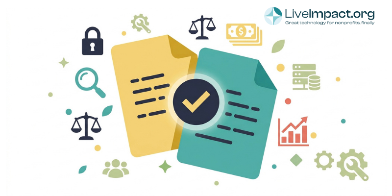 Two overlapping documents with a bold checkmark, symbolizing verified nonprofit records