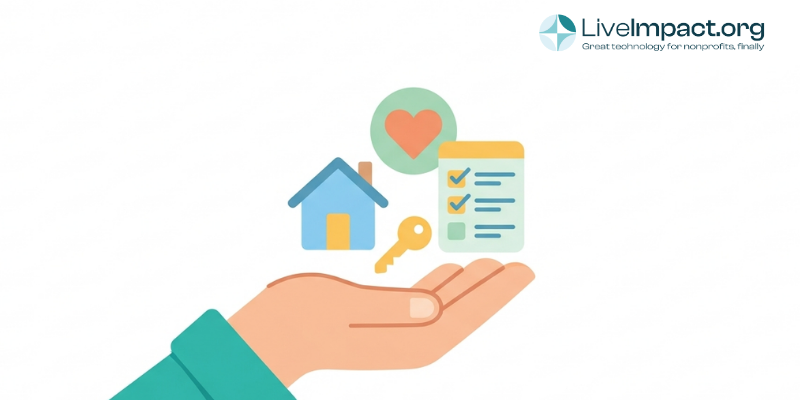Open hand holding a house icon, illustrating housing and homelessness support services