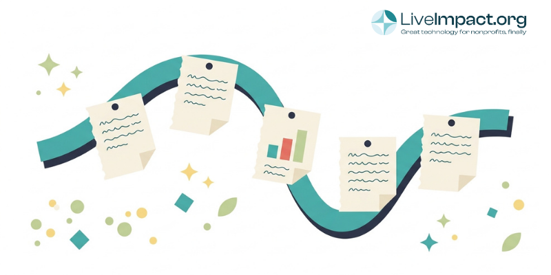 Timeline ribbon with torn paper notes and a bar chart represents ongoing case documentation