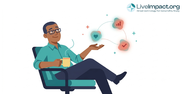Illustration of the future of nonprofit work, calm amid glowing data connections