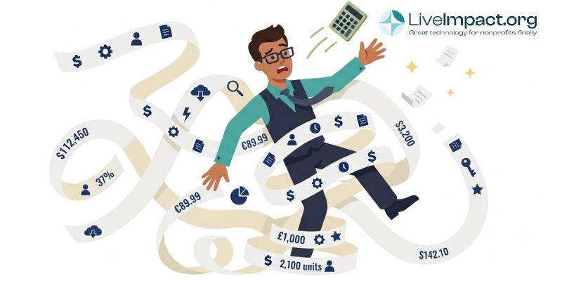 Accountant tangled in a spiraling invoice, illustrating hidden nonprofit software cost overload