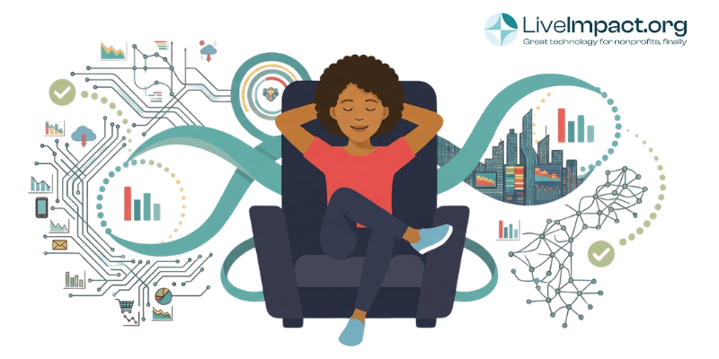 Nonprofit reporting made easy, a woman rests as charts, graphs, and metrics orbit around her