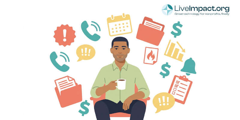 Calm man drinks coffee inside a comic tornado of nonprofit burnout and deadlines