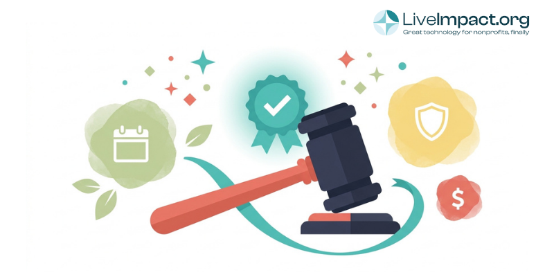 Large gavel with glowing checkmark seal representing approved nonprofit grant compliance status