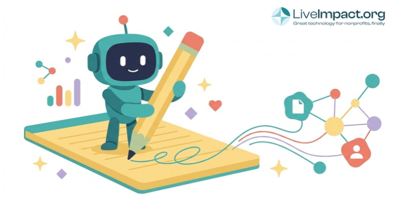 Robot writing case notes with a giant pencil as data lines connect into a network, showing AI for human services