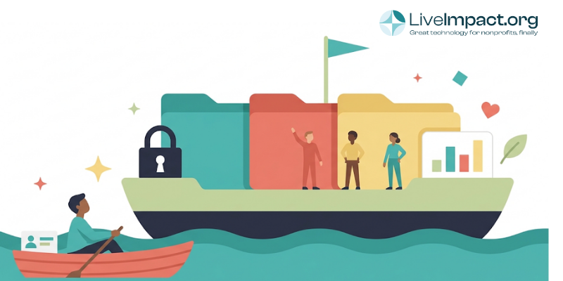 Nonprofit CRM versus case management software shown as a tiny rowboat dwarfed by a huge ship loaded with client files