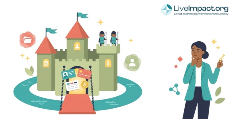 Woman with a key studies a castle and moat holding data cards, symbolizing records trapped after a software switch