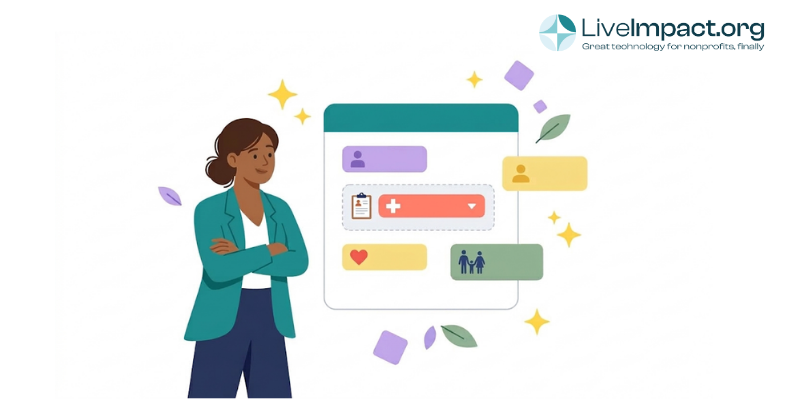 Nonprofit staff member with crossed arms studies a digital form builder while case management, health, and family blocks float nearby