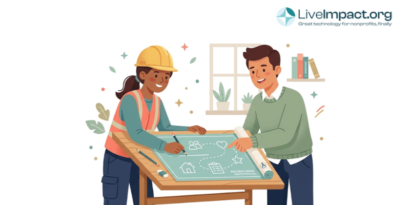Client service plan shown as a blueprint, with a construction worker and client mapping out steps together